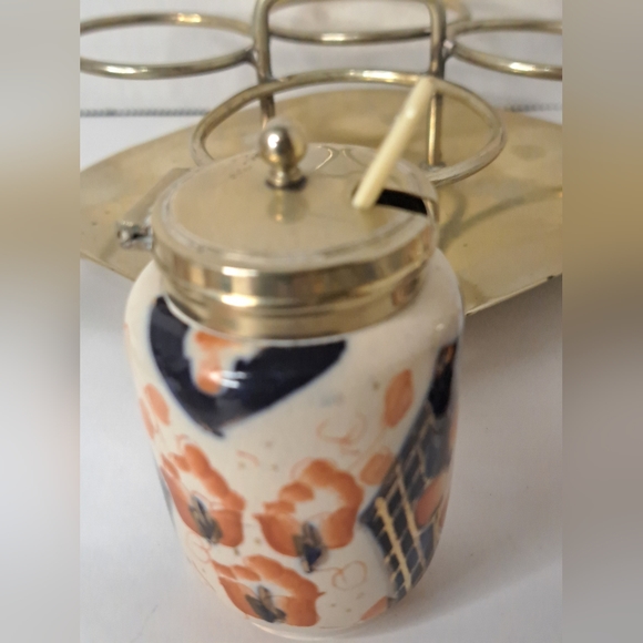 Vintage 1940's English Hand Painted Imari Style Condiment Set  EPNS Silver Plate - Picture 12 of 13